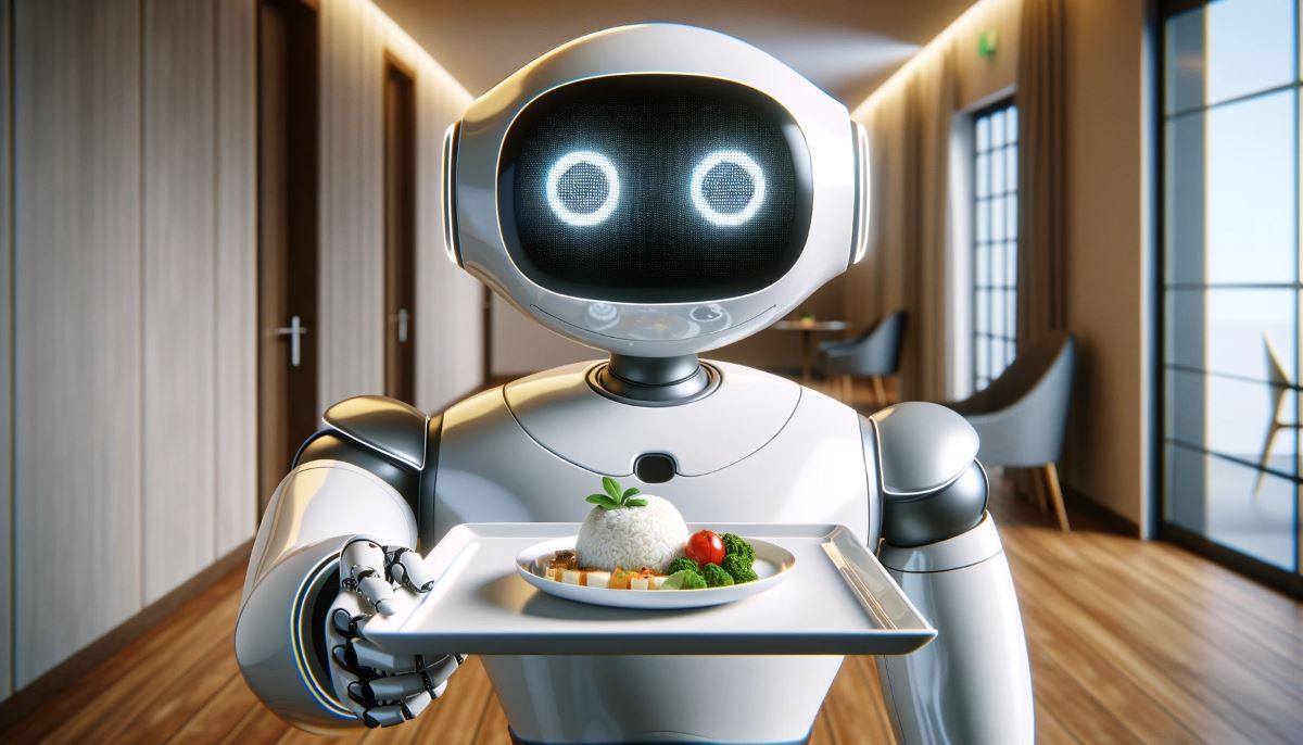 obot de service au design moderne et convivial présentant un plat gastronomique sur une assiette blanche